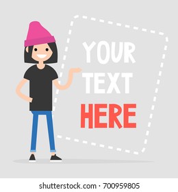 Your text here. Copy space. Young female character pointing on a framed sign / flat editable vector illustration, clip art