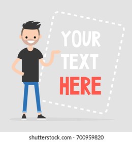 Your text here. Copy space. Young character pointing on a framed sign / flat editable vector illustration, clip art
