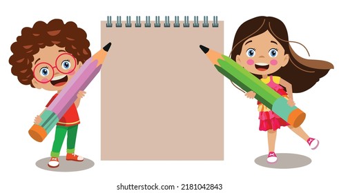 Your Text Here Cute Kids Holding Notepad And Pen