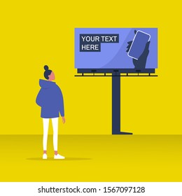 Your text here mockup, new online service outdoor advertising, young female character looking at the large billboard construction