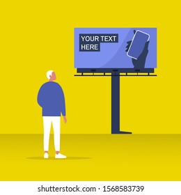 Your text here mockup, new online service outdoor advertising, young male character looking at the large billboard construction