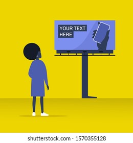 Your text here mockup, new online service outdoor advertising, young black female character looking at the large billboard construction