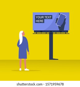 Your text here mockup, new online service outdoor advertising, young female character looking at the large billboard construction