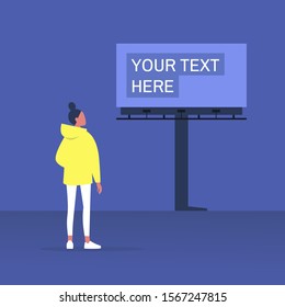 Your text here mockup, outdoor advertising, young female character looking at the large billboard construction