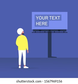 Your text here mockup, outdoor advertising, young indian male character looking at the large billboard construction