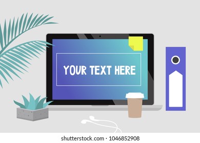 Your text here. Office still life. Laptop with gradient wallpaper. Stationery. Daily life. Flat editable vector illustration, clip art