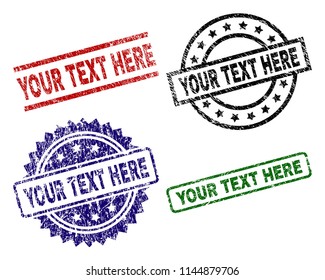 YOUR TEXT HERE seal prints with distress surface. Black, green,red,blue vector rubber prints of YOUR TEXT HERE text with dust style. Rubber seals with circle, rectangle, medallion shapes.