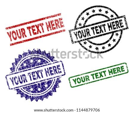 YOUR TEXT HERE seal prints with distress surface. Black, green,red,blue vector rubber prints of YOUR TEXT HERE text with dust style. Rubber seals with circle, rectangle, medallion shapes.