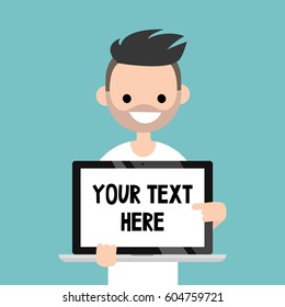 Your text here. Smiling bearded man pointing on the laptop screen / flat editable vector illustration, clip art