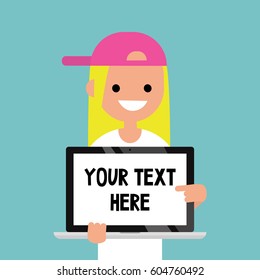 Your text here. Smiling blond girl pointing on the laptop screen / flat editable vector illustration, clip art