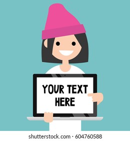 Your text here. Smiling brunette girl pointing on the laptop screen / flat editable vector illustration, clip art