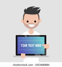 Your text here. Smiling millennial character pointing on the laptop screen / flat editable vector illustration, clip art