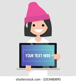 Your text here. Smiling millennial character pointing on the laptop screen / flat editable vector illustration, clip art