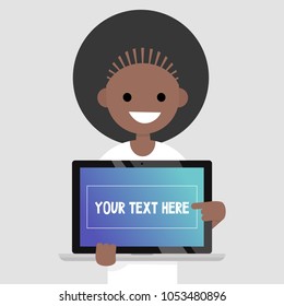 Your text here. Smiling millennial character pointing on the laptop screen / flat editable vector illustration, clip art