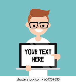 Your text here. Smiling nerd pointing on the laptop screen / flat editable vector illustration, clip art