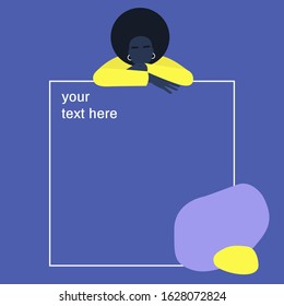 Your text here, template, young black female character leaning on a mockup text frame, web banner, digital marketing instruments