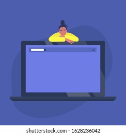 Your text here, template, young female character leaning on a laptop, digital marketing instruments