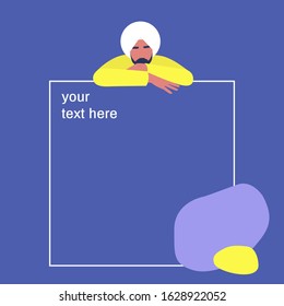Your text here, template, young indian male character leaning on a mockup text frame, web banner, digital marketing instruments