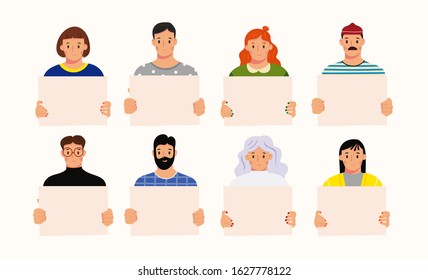 Your text here. Various men and women holding an empty board. Template sign. Different race, age, clothes, various haircuts. Hand drawn vector set. Trendy illustration. All elements are isolated