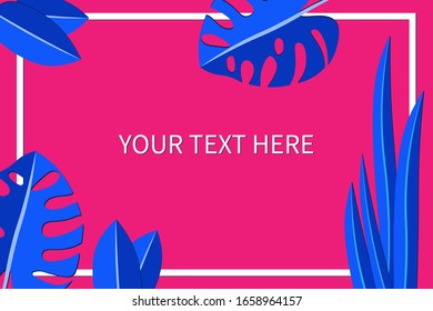Your text here. Vector illustration of copy paste text. Blue monsters on a pink background. Blue grass and plants. For postcards, posters, posters, blogging. Design tropical plants.