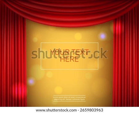 Your text here. Web banner with beautiful red stage curtain and gold background. Bokeh light. Theatrical scene classical textile. Opera drape folds. Broadway performance. Vector scarlet drapery frame
