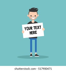 Your text here. Young bearded man holding a sheet of paper / editable flat vector illustration, clip art.