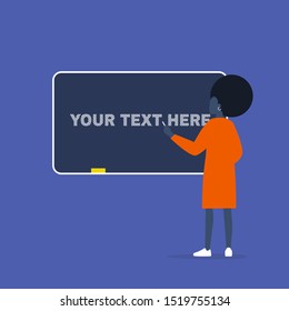 Your text here. Young black female character drawing on a chalkboard. Education.   Flat editable vector illustration, clip art