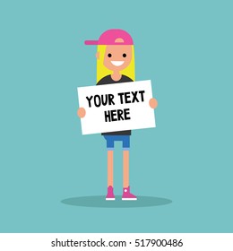 Your text here. Young blond girl holding a sheet of paper / editable flat vector illustration, clip art.