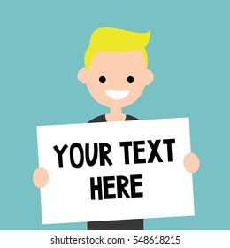 Your text here. Young blond boy holding a sheet of paper / editable flat vector illustration, clip art.