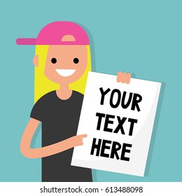 Your text here. Young blond girl holding a sheet of paper / editable flat vector illustration, clip art.