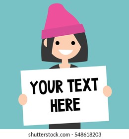 Your text here. Young brunette girl holding a sheet of paper / editable flat vector illustration, clip art.