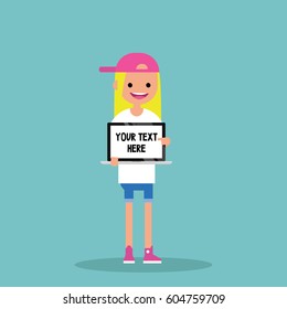 Your text here. Young character holding a laptop / flat editable vector illustration, clip art