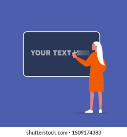 Your text here. Young female character wiping off the sign from a chalkboard. Education. University. Flat editable vector illustration, clip art
