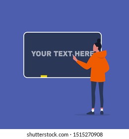 Your text here. Young female character drawing on a chalkboard. Education. University. Lesson. Flat editable vector illustration, clip art