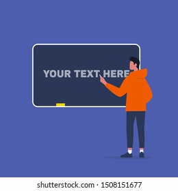 Your text here. Young male character drawing on a chalkboard. Education. University. Lesson. Flat editable vector illustration, clip art