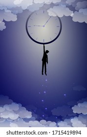  tu concepto del tiempo, espera tu idea del tiempo de imaginación, la silueta de niño sostiene el reloj sobre las nubes, el hombre colgando con el reloj en el cielo de la noche, tiempo de soñar, vector