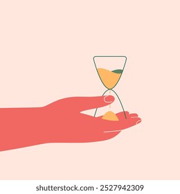 Your time in your hands. Human arm holds hourglass with passing sand. Self-control, planning and time management in life and business. Vector illustration