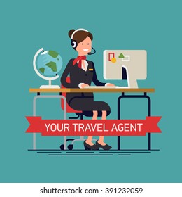 Your travel agent vector concept background in flat design. Travel agency office worker friendly smiling behind desk with headset on. Personal travel agent service, tour booking