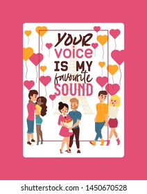 Your voice is my favourite sound poster vector illustration. Couple of young people walking together with Eiffel tower on background. Man presenting bunch of flowers to woman.