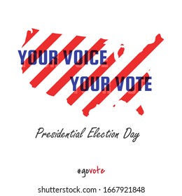 Your Voice Your Vote text on us map campaign for Presidential Election in US. Poster, Banner, Background. Vector illustration