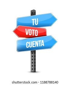 Your Vote Counts In Spanish Multiple Destination Color Street Sign Isolated Over A White Background