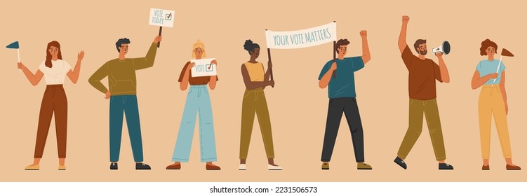 Your vote matters social campaign concept vector banner. Crowd of man and woman holding posters and signs. People activists, political election campaign, public demonstration