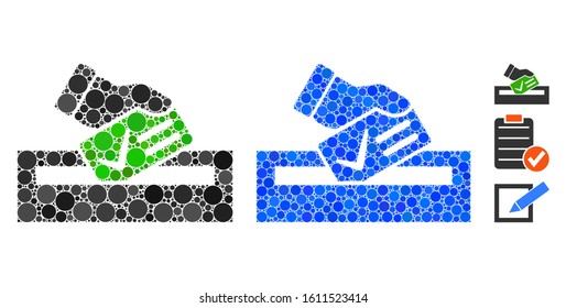 Your vote mosaic of round dots in variable sizes and shades, based on your vote icon. Vector random circles are organized into blue mosaic. Dotted your vote icon in usual and blue versions.