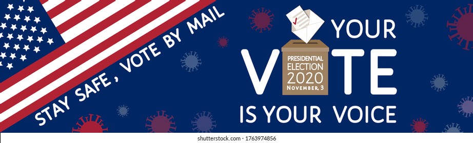 Your vote is your voice. Call to stay safe, action by mail at presidential election 2020 in United States of America on November, 3. Letter, bulletins box, USA flag, coronavirus sign. Vector banner.