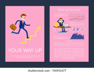 Your way up and startup success, set of posters with businessman and sample headline and text on vector illustration isolated on pink