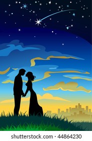Your wishes come true. Couple silhouettes under starry sky
