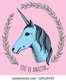 You`re amazing slogan. Unicorn hand drawn print