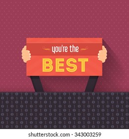 You're the Best Lettering, Flat Long Shadow Style Signboard Hold Hands Vector Design