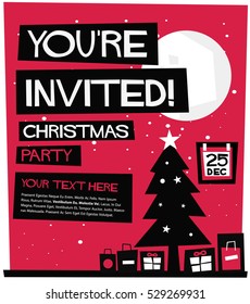 You're Invited! Christmas Party (Flat Style Vector Illustration Holidays Quote Poster Card Design) With Text Box Template