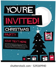 You're Invited! Christmas Party (Flat Style Vector Illustration Holidays Quote Poster Card Design) With Text Box Template